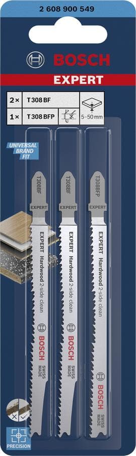 Bosch tilbehør 2608900549 EKSPERT "Hardwood 2-side clean" stiksavklingesæt, 2-delt, T308BF/BFP N/A 3 stk.