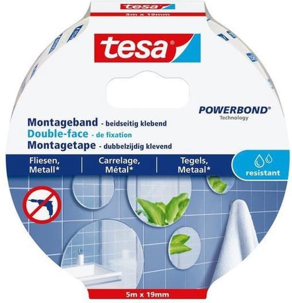 Tesa kaksipuolinen vedenpitävä asennusteippi laatoille ja metallille - 5 mx 19 mm.