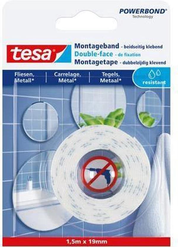 Tesa monteringstape dobbeltsidet til fliser og metal - 1,5 mx 19 mm.