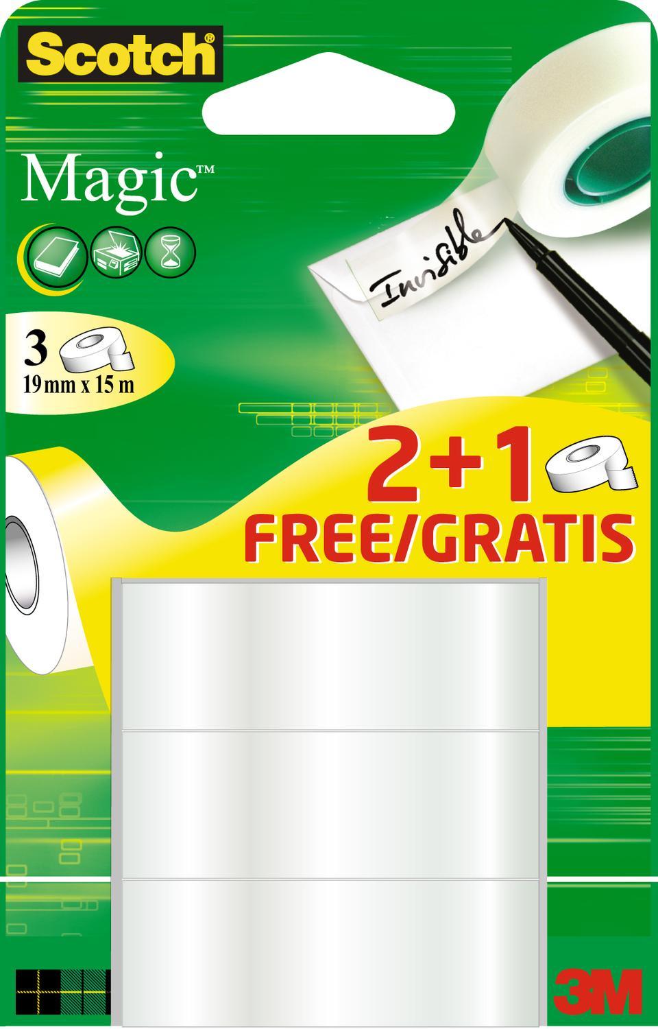 3M Scotch självhäftande film Magic 810, osynlig, värdeförpackning 19 mm x 15 m, matt/osynlig - 1 st (8-1915P3)