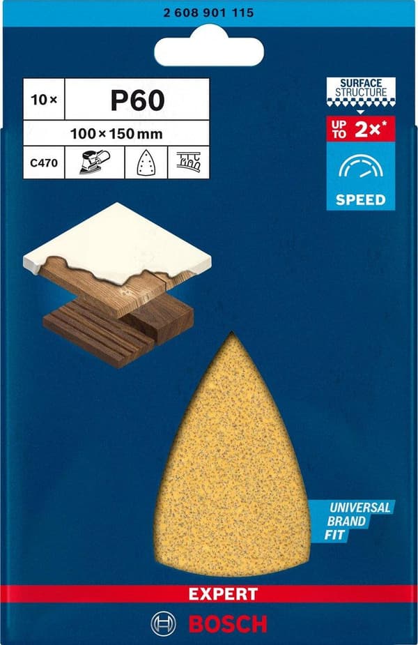 Bosch 2608901115 EKSPERT Slibeplade C470 Bedst til træ og maling, 100 x 150 mm, korn 60, 7 huller, 10x