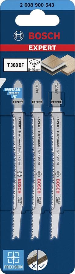Bosch tilbehør 2608900543 EKSPERT “Hardwood 2-side clean” T 308 BF stiksavklinge, 3 stk N/A 3 stk.