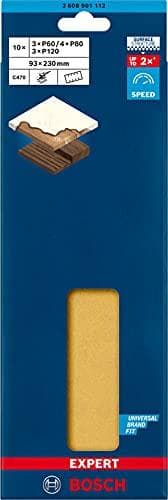 Bosch Professional 10x sandpapirsæt Expert C470 med 8 huller (til hårdttræ, maling på træ, 93x230 mm, korn 60/80/120, tilbehør til orbitalsliber)