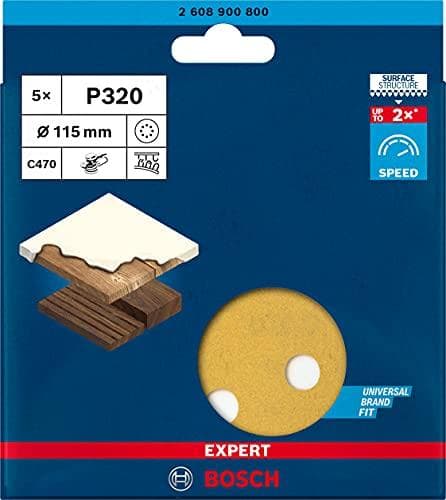 Bosch Professional 5x sandpapir Expert C470 med 8 huller (til hårdttræ, maling på træ, Ø 115 mm, korn 320, tilbehør excentersliber)