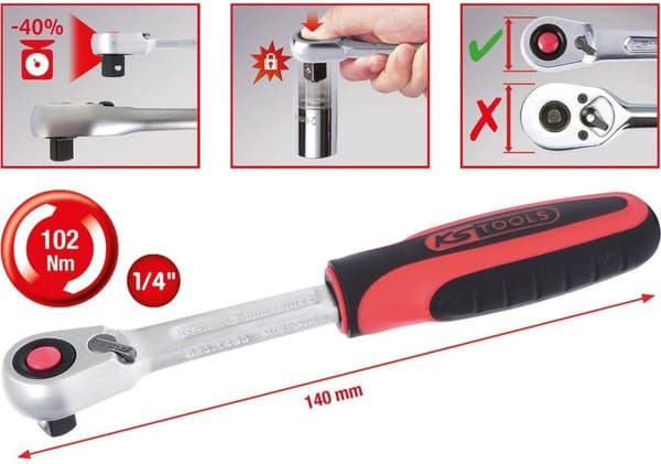 KS Tools SlimPOWER Vendbar skraldenøgle 72 tænder 1/4" 920.1490