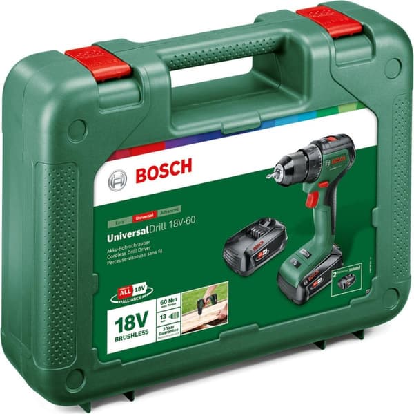 Bosch UniversalDrill 18V-60 Akku bore-/skruemaskine - Med 2x 18 V Li-Ion batteri (2,0 Ah) og oplader