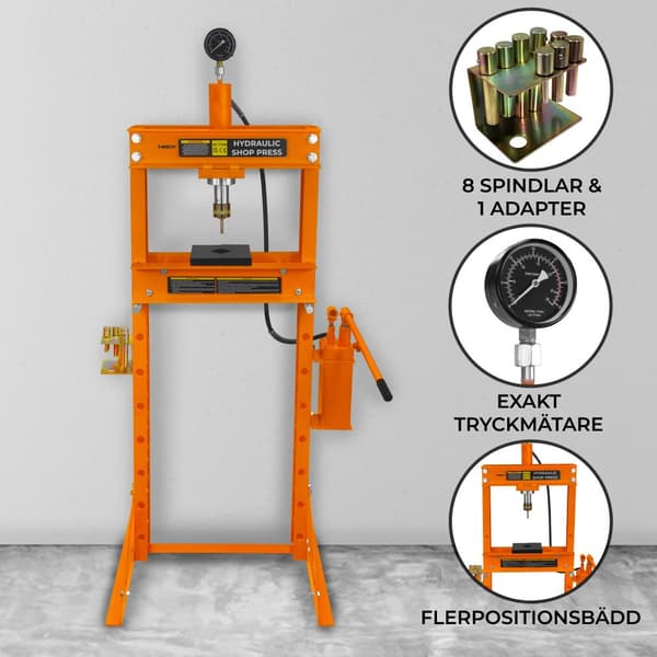 Hydraulisk Værkstedspresse Dornpresse 10/20 ton Bænk/Gulvmonteret Pulverlakeret Stål Trykmåler Håndpumpe Justerbar Værksted Garage 8 Dorne 1 Adapter 20 Ton