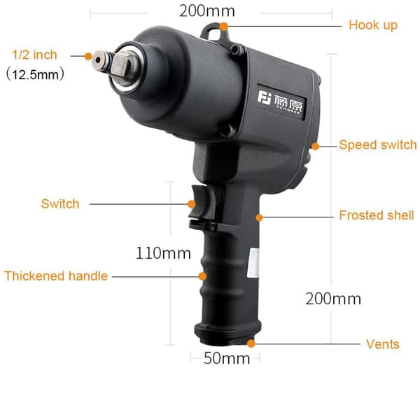 1/2" 1280N.M 6-8 bar 7000 rpm 3 växlar pneumatisk skiftnyckelsats med tillbehör och verktygslåda, högt vridmoment