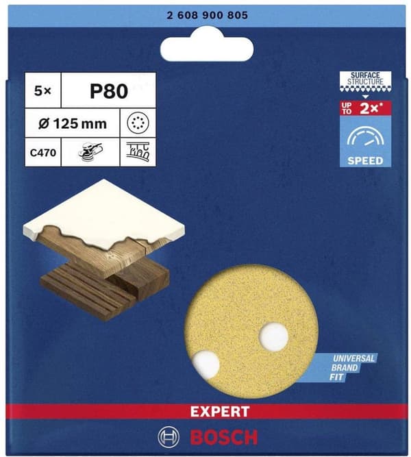 Bosch 2608900805 EXPERT Slipskiva C470 Bäst för trä och färg, diameter 125 mm, korn 80, 8 hål, 5x