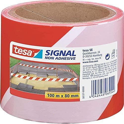 tesa signal barriere tape pakke med 4 - advarselstape til blokering, markering og afgrænsning af farlige områder - ikke-klæbende - rød og hvid, 100 mx