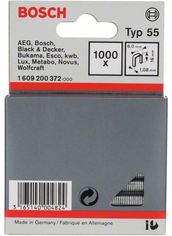 Bosch smal kronehæftetype 55, 6 x 1,08 x 16 mm, pakke med 1000 1000 stk. 1609200372 (1609200372)