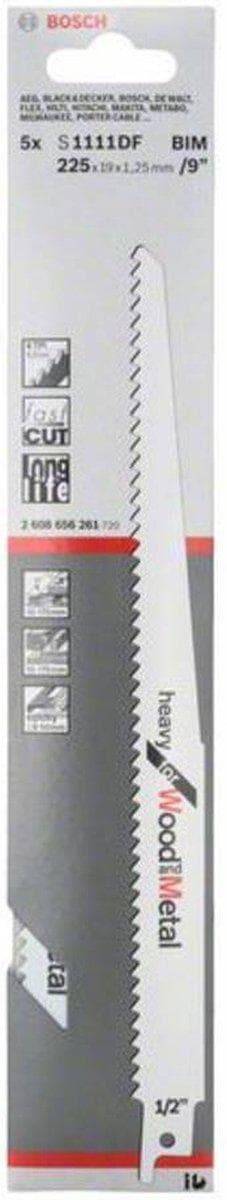 Bosch tung til træ og metal S 1111 DF - Savklinge - til træ, metal, træ med søm, spånplader, epoxy - Længde: 225 mm - Bredde: 19 mm (pakke med 5) (260