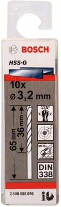 Pikkukuva 3 / 5: Bosch HSS-G - pora - kierrepora - 10 kappaletta - 3,2 mm - sylinterimäinen - pituus: 65 mm (2608595056)