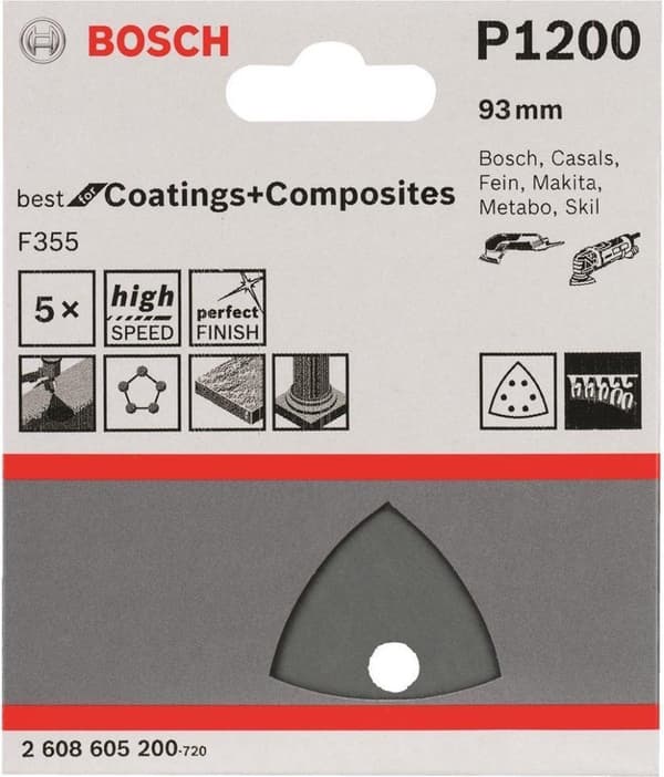 Bosch delta sandpapir med velcro, perforeret korn 1200 bredde på tværs af hjørner 93 mm Bedst til sten 2608605200 5 stk (2608605200)