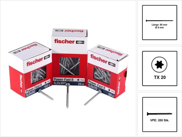 Fischer 670383 spånskivaskruv Power-Fast II 5,0 x 80 TX20 - försänkt huvud - delgänga - blå zinkpläterad (200 st)