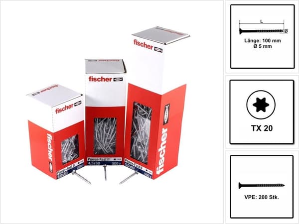 Fischer 670365 spånpladeskrue Power-Fast II 5,0 x 100 TX20 - forsænket hoved - delgevind - blå zinkbelagt (200 stk)