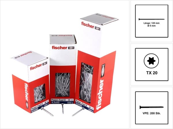 Fischer 670369 spånpladeskrue Power-Fast II 5,0 x 120 TX20 - undersænket hoved - delgevind - blå zinkbelagt (200 stk)