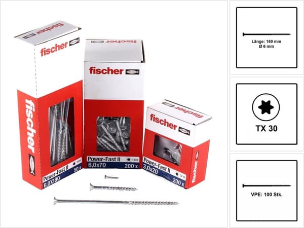 Fischer 670464 spånpladeskrue Power-Fast II 6,0 x 160 TX30 - undersænket hoved - delgevind - blå zinkbelagt (100 stk)