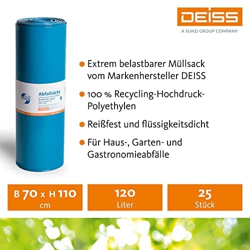 Deiss 10002 premium affaldsposer lavet af genbrugt LDPE 120 l blå 150 stk.