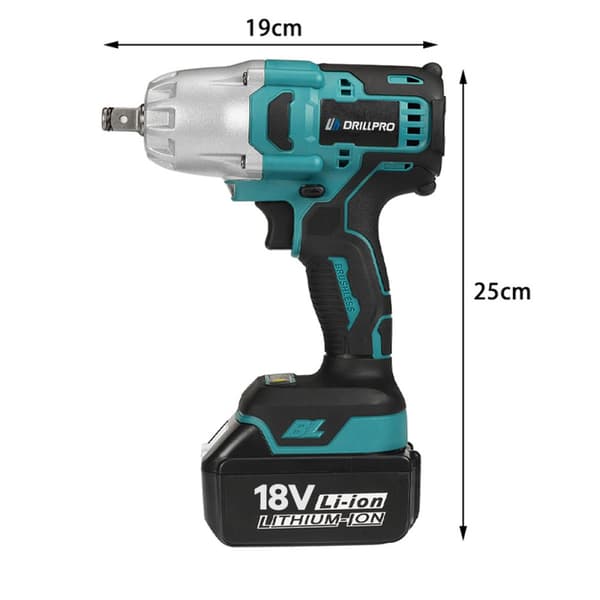 Børsteløs elektrisk driver 0-6200 RPM 600N.M Moment 18V Wlectric skruenøgle med LED arbejdslygter, Type: 2 batterier