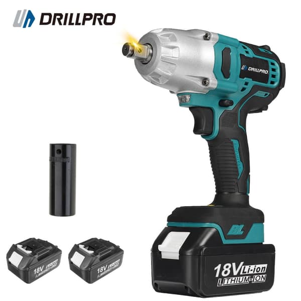 Børsteløs elektrisk driver 0-6200 RPM 600N.M Moment 18V Wlectric skruenøgle med LED arbejdslygter, Type: 2 batterier