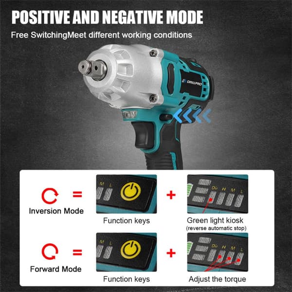 Borstlös elektrisk drivenhet 0-6200 RPM 600N.M Moment 18V Wlectric skiftnyckel med LED-arbetsljus, typ: 1 batteri