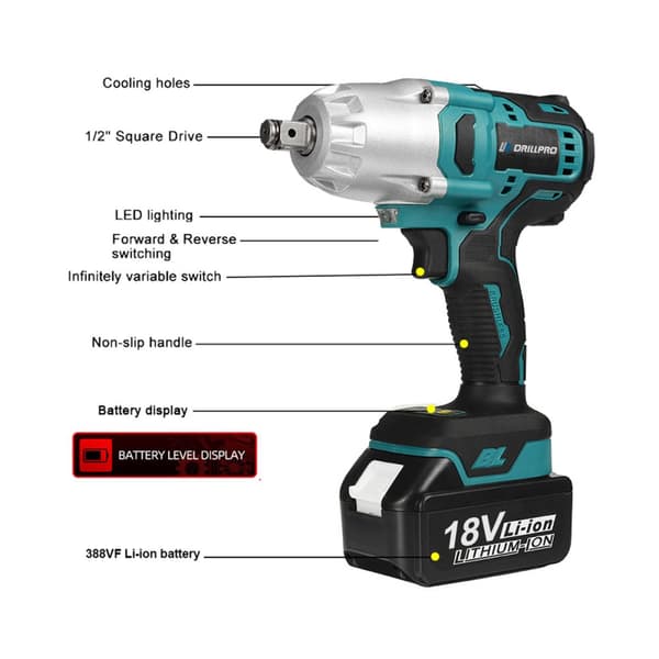 Borstlös elektrisk drivenhet 0-6200 RPM 600N.M Moment 18V Wlectric skiftnyckel med LED-arbetsljus, typ: 1 batteri