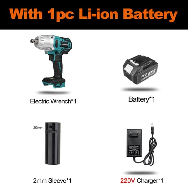 Borstlös elektrisk drivenhet 0-6200 RPM 600N.M Moment 18V Wlectric skiftnyckel med LED-arbetsljus, typ: 1 batteri