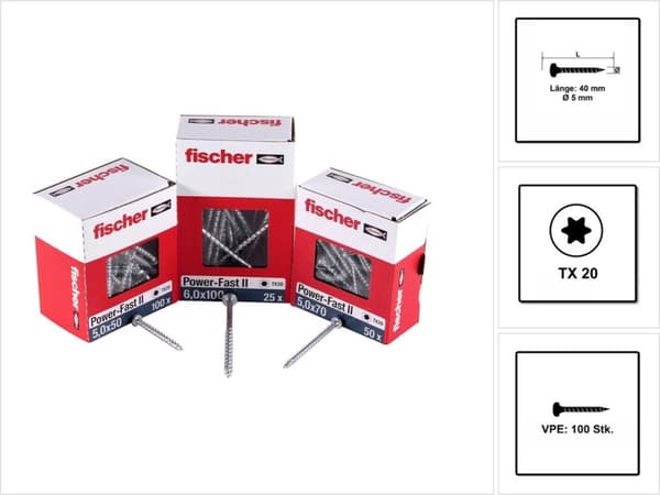 Fischer Power-Fast II 670438 spånskiva skruvar 5 mm 40 mm T-profil stål galvaniserat 100 stycken (6704)
