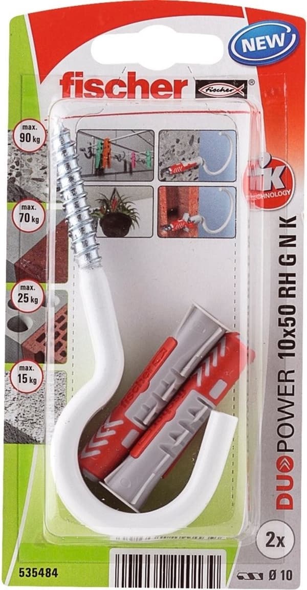 Fischer plugg Duopower med rund krok vit 10x50mm (per 2 st)