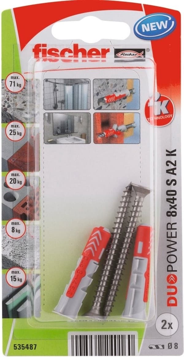 Fischer stik Duopower med rustfri stål A2 skrue 8x40mm (pr. 2 stk.)