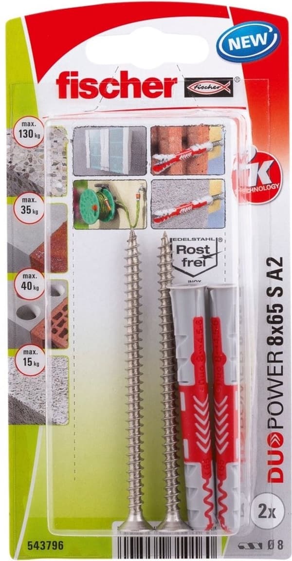 Fischer plugg Duopower med rostfri A2 skruv 8x65mm (per 2 st)