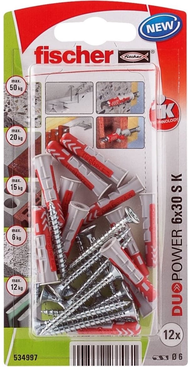 Vægstik i skruer Fischer duopower vægstik i skruer 12 stk (6 x 30 mm)