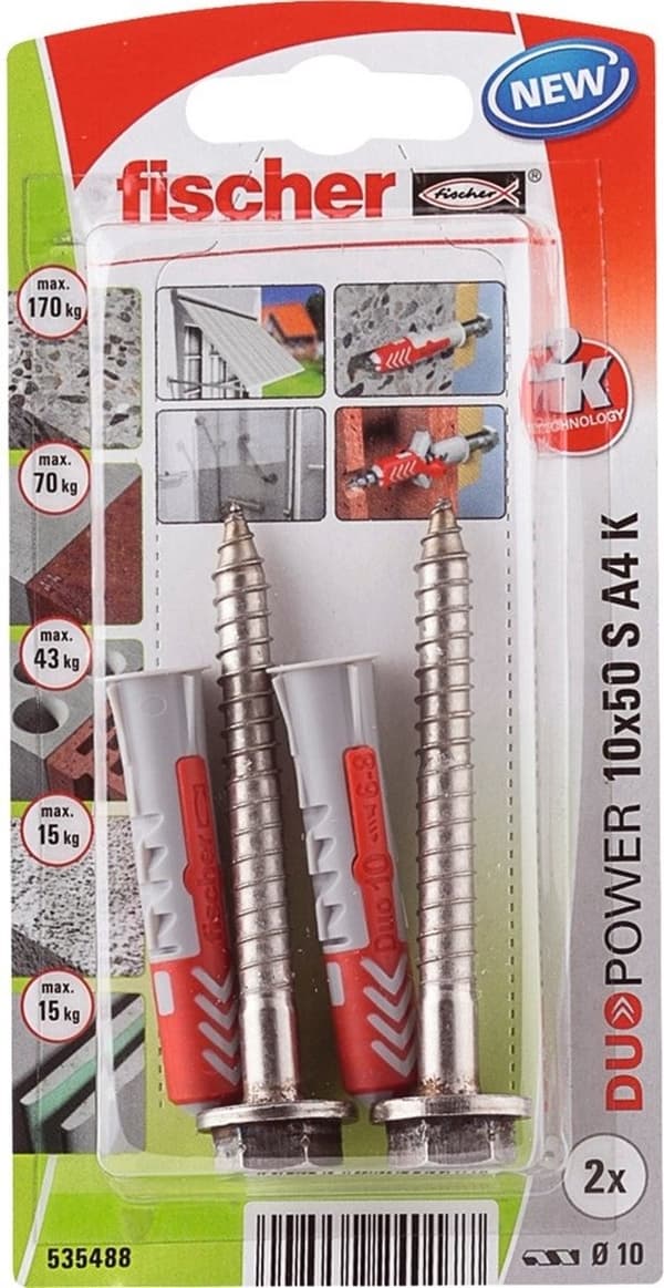 Fischer plugg Duopower med rostfri A4-skruv 10x50mm (per 2 st)