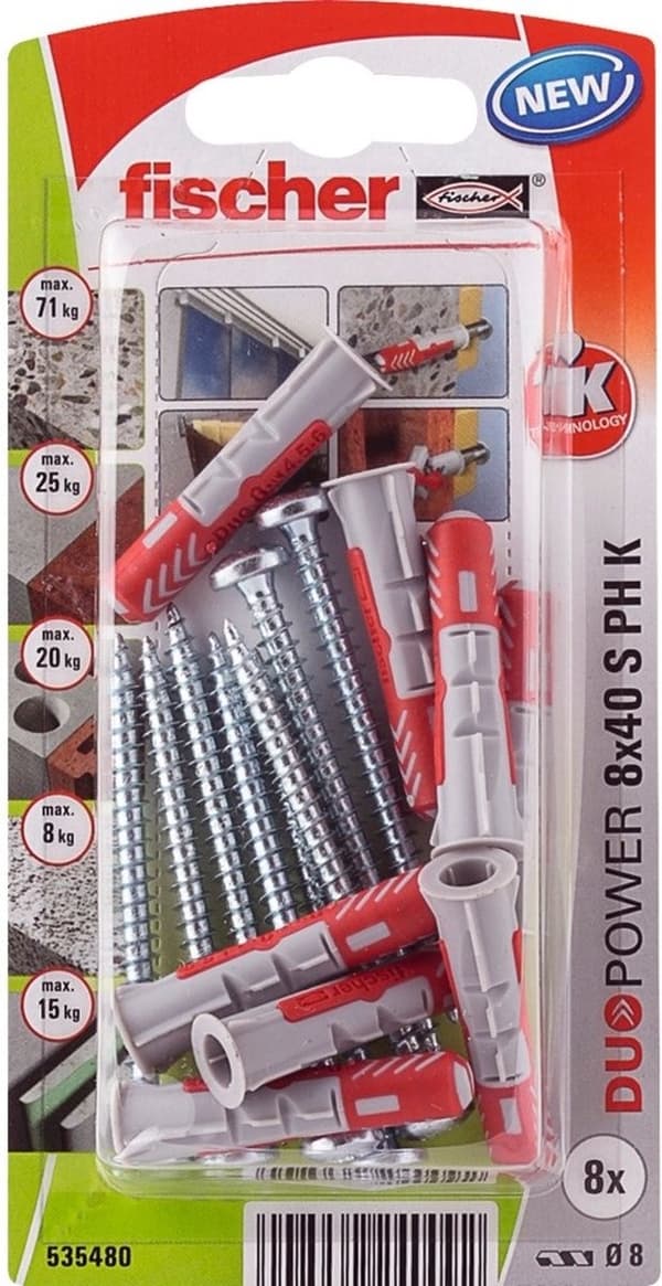 Fischer stik Duopower med skrue med pandehoved 8x40mm (pr. 8 stk.)