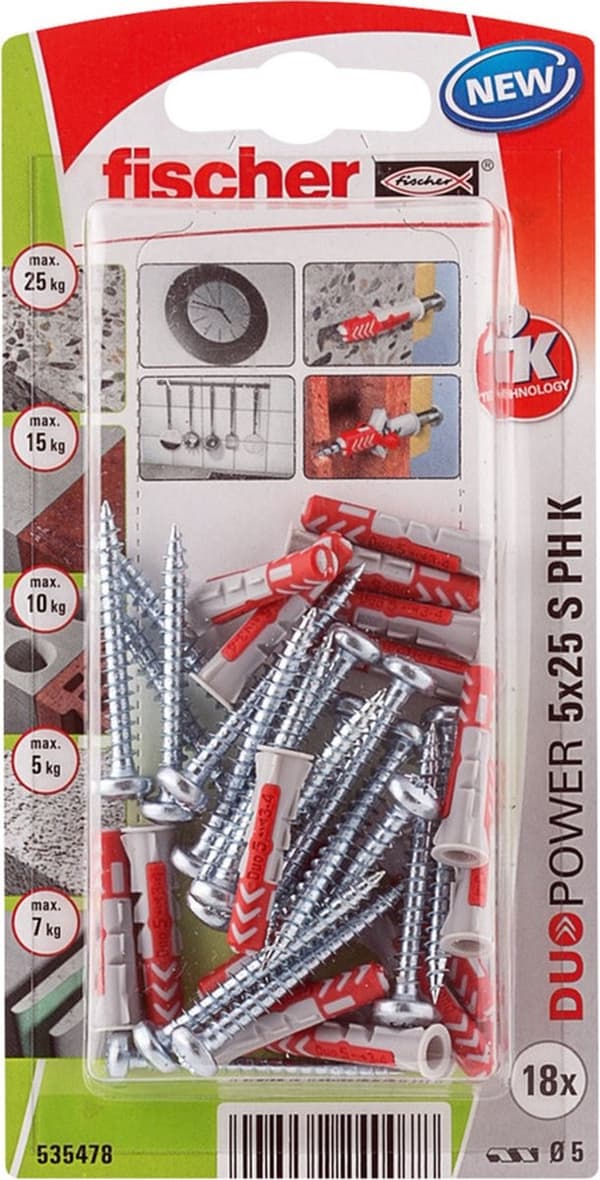 Fischer stik Duopower med skrue med pandehoved 6x30mm (pr. 12 stk.)