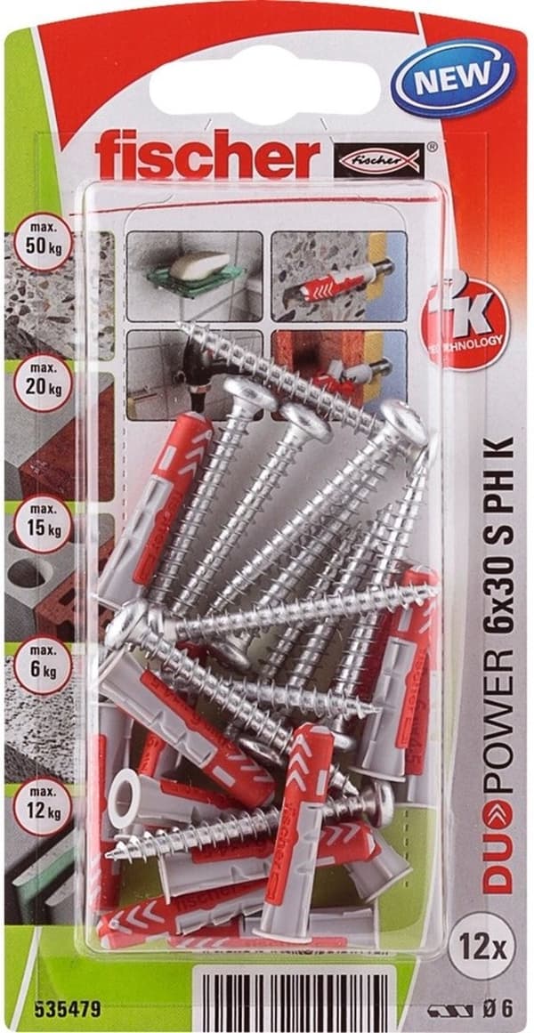 Fischer stik Duopower med skrue med pandehoved 6x30mm (pr. 12 stk.)