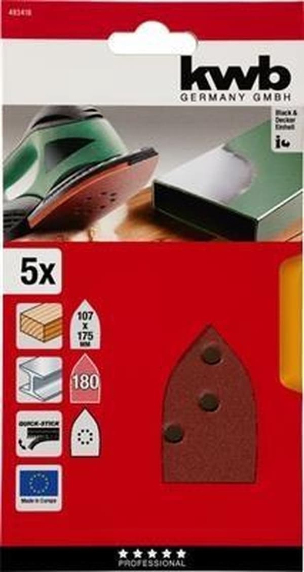KWB Slibeskive 107 x 175 mm - Korn 180 - Velcrobeslag - 493418 - 5 stk.