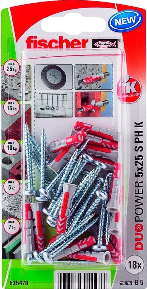 Fischer plugg Duopower med pannhuvudskruv 5x25mm (per 18 stycken)