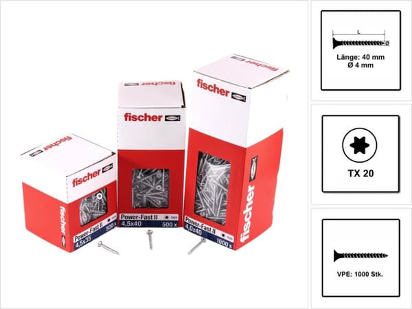 Fischer Power-Fast II 670158 spånpladeskruer 4 mm 45 mm T-profil stål galvaniseret 1000 stk (670 stk.