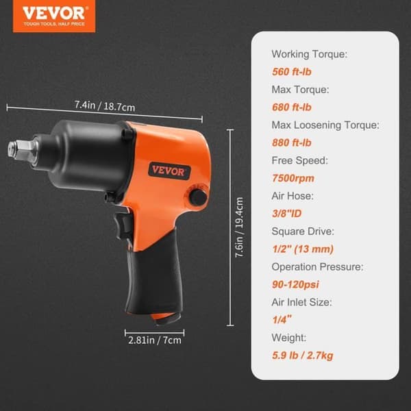 VEVOR pneumatisk slagnyckel 1/2" fyrkantsdrift 1193 Nm 6,2-8,3 bar