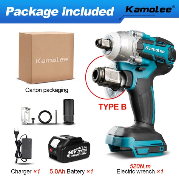 Kamolee Elektrisk Slagnøgle, 520N.m Moment, Genopladeligt Lithium-Ion Batteri,Type B 1x Bat karton