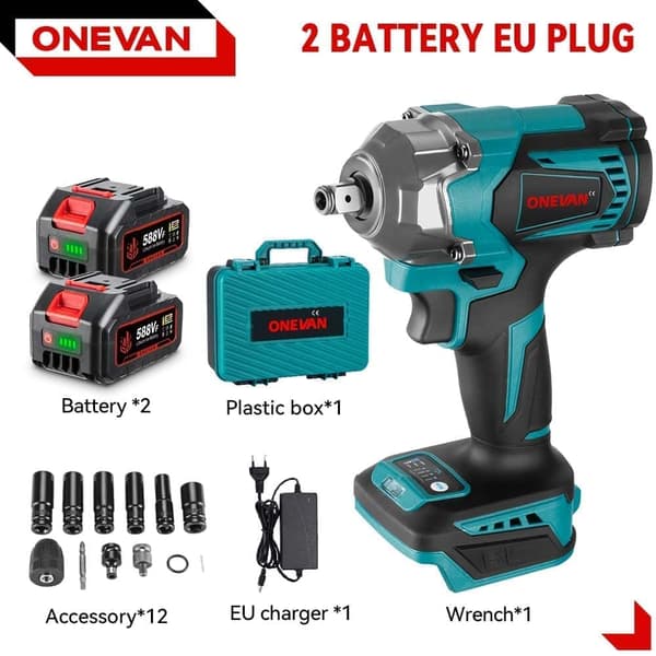 ONEVAN Skiftnycklar Elektrisk Mutterdragare 1/2 Tum Multifunktionell Sladdlös Hylsnyckel Skruvdragare Elverktyg Med 2 batterier