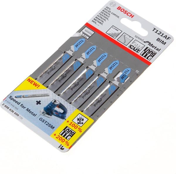 Bosch-nopeus metallille T 121 AF - pistosahanterä - ohuelle metallilevylle, rei'itetyille teräslevyille - 5 kpl - T-varsi - pituus: 92 mm (2608636699)