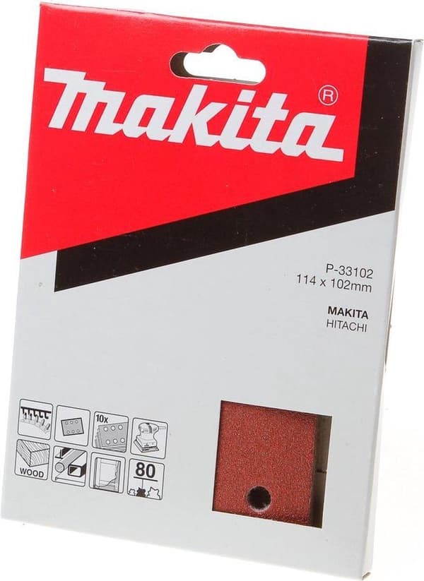 Makita P-33102 Platt slipblad Röd - K80 - 114 x 102mm (10st)