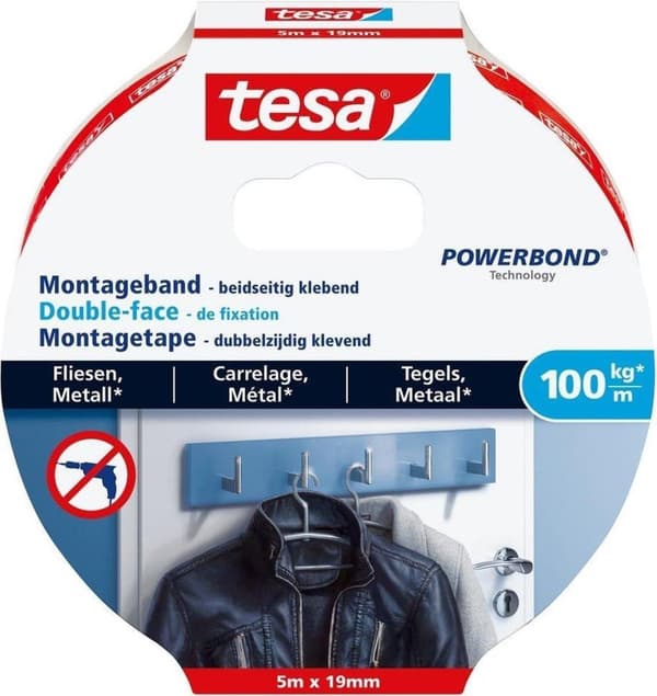Kaksipuolinen Tesa-asennusteippi laatoille ja metallille - 5 mx 19 mm.