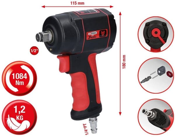 KS TOOLS Werkzeuge-Maschinen GmbH 1/2" DEN miniDEVIL højtydende trykluftslagnøgle, 1084Nm (515.1315)