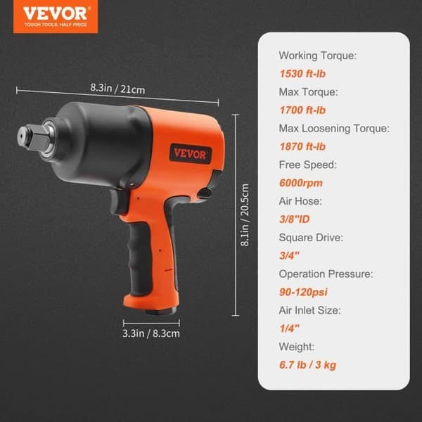 VEVOR pneumatisk slagnyckel Fyrkantsdrift 1,9 cm 2535,4 Nm 6,2-8,3 bar
