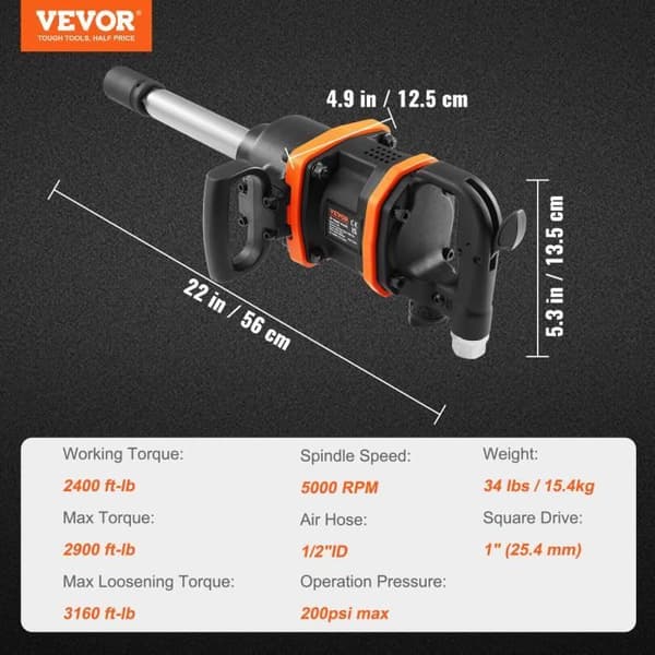 Pneumatisk slagnyckel - VEVOR - 2,54 cm slagnyckel 4284Nm Omvänd vridmomentutgång