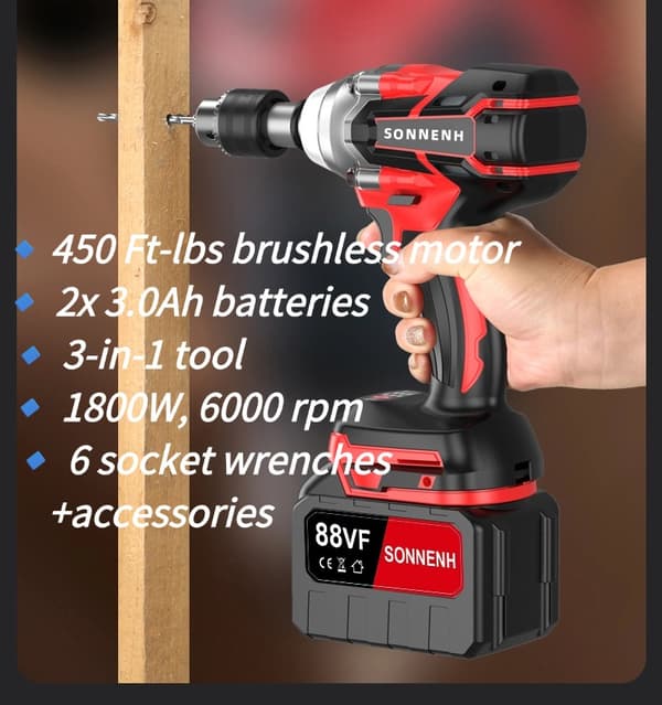 21V Slagskruvdragare – Borstlös Motor, 450 Ft-lbs Vridmoment, 2x 3.0Ah Batterier & 6 Socklar